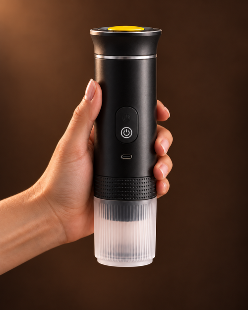 Portable espresso maker held in one hand against a warm brown studio background