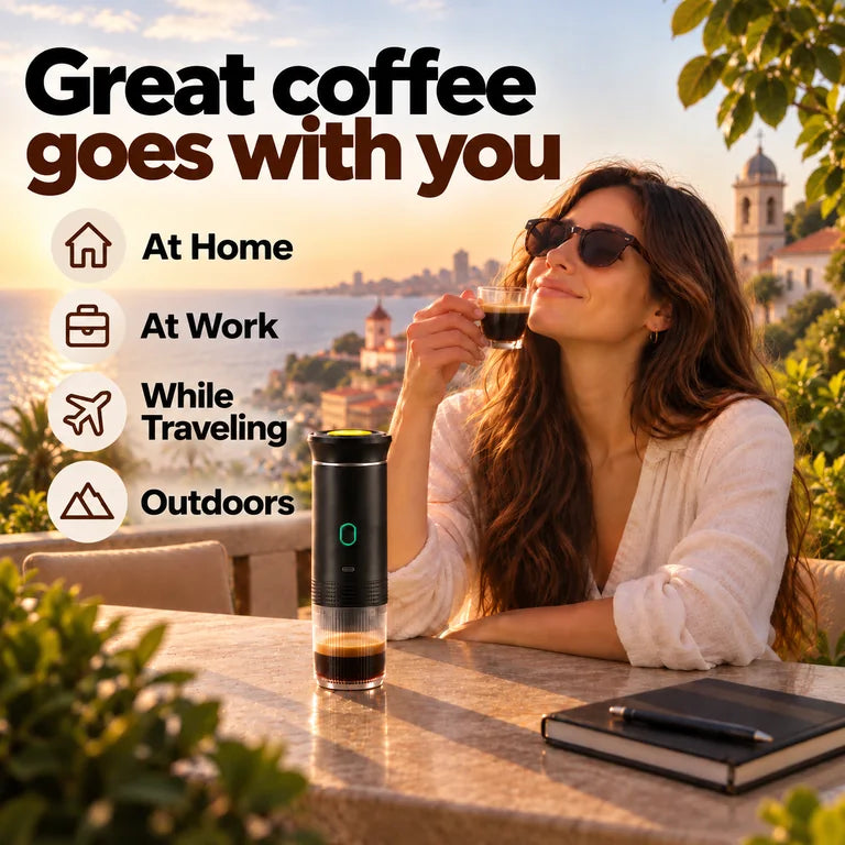 Enjoying Morrow Cup espresso while traveling