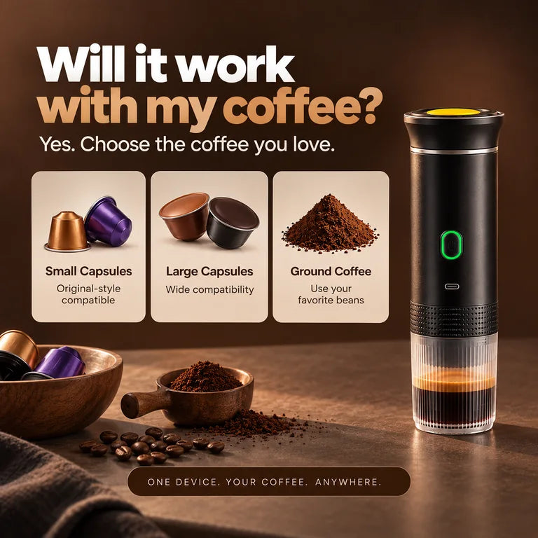 Morrow Cup with small capsules, large capsules and ground coffee